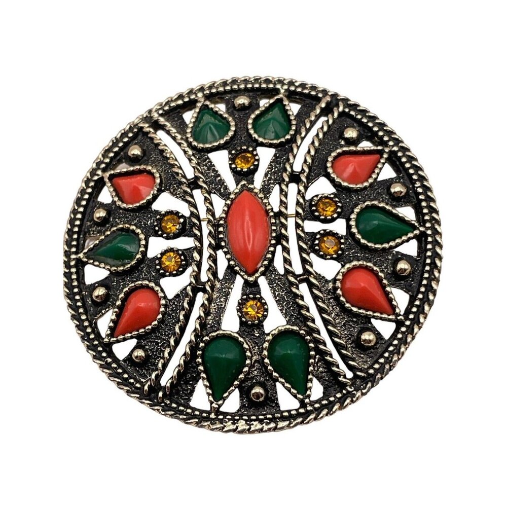 VTG Big EMMONS Brooch Pin Pendant Rhinestone Gold Tone Round Open Work BOHO